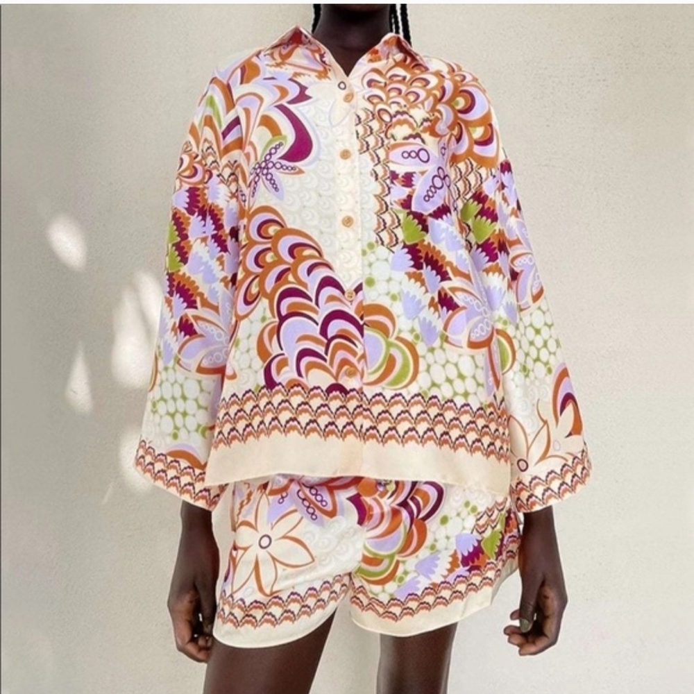 Zara Retro Print Two-Piece Set | Boho Chic Size L - Picture 2 of 8